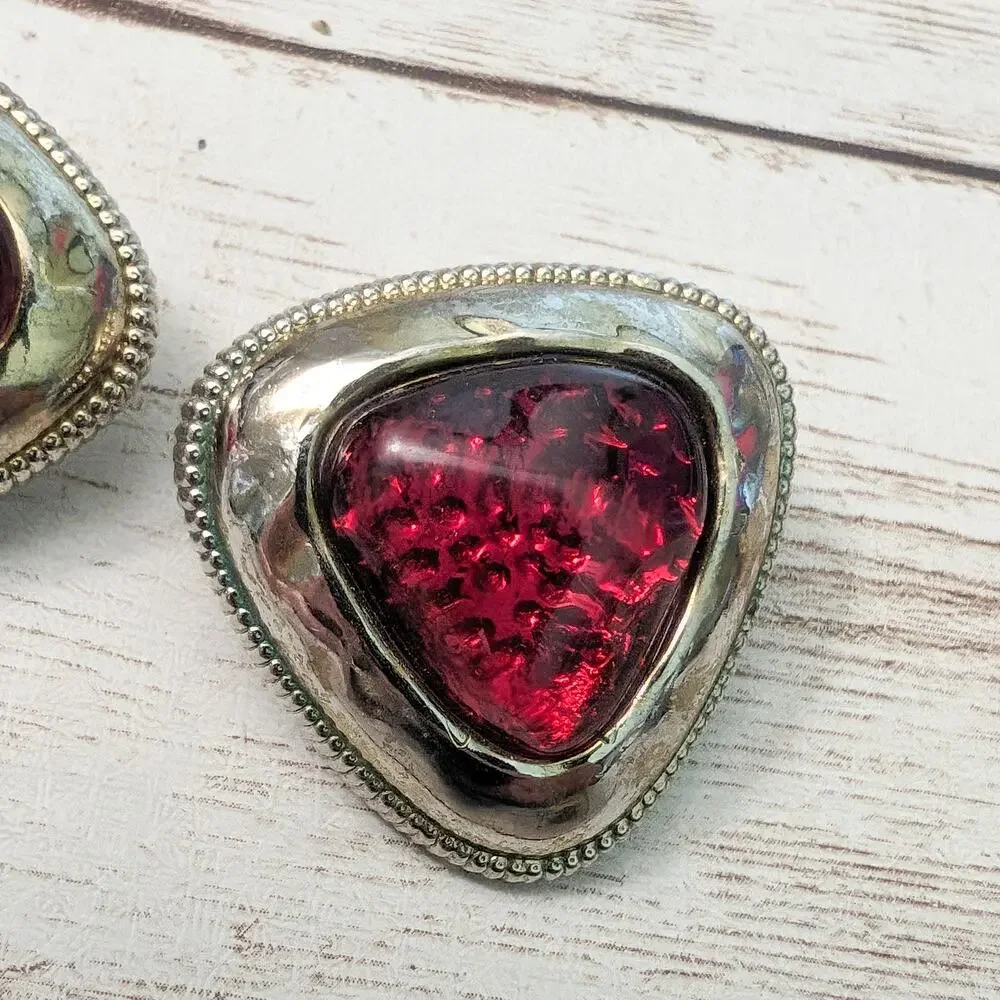Vintage Clip On Earrings Statement Large Red & Gold Tone Triangular